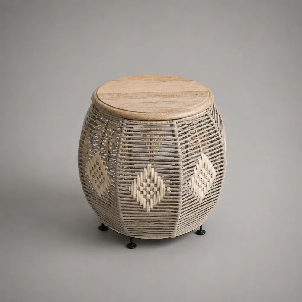 Table d’appoint ronde en rotin tressé et bois massif beige naturel et gris, Ø 45 × H 45 cm