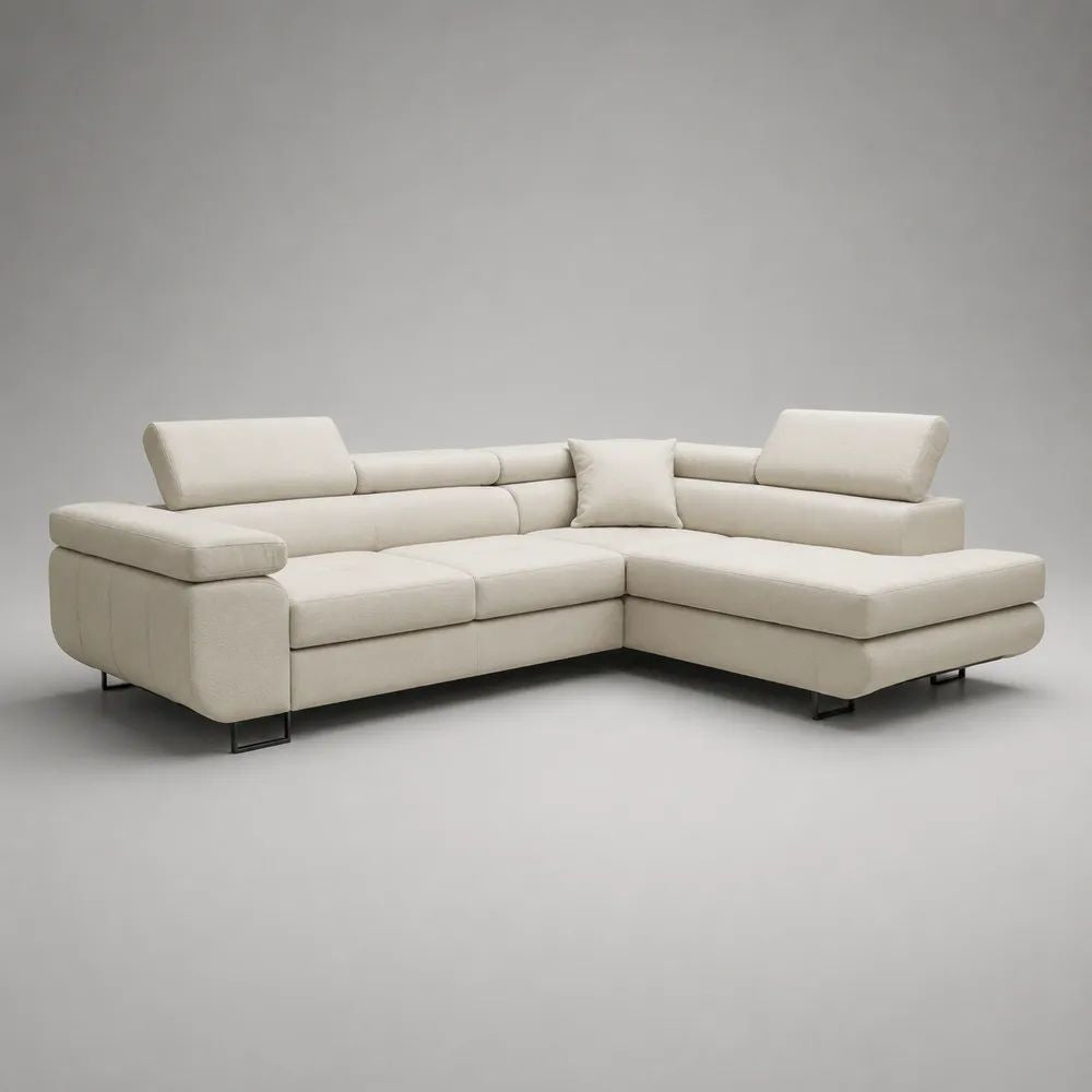 Canapé d’angle droit 4 places en tissu crème avec méridienne et têtières réglables, 285 × 210 × 78-100 cm