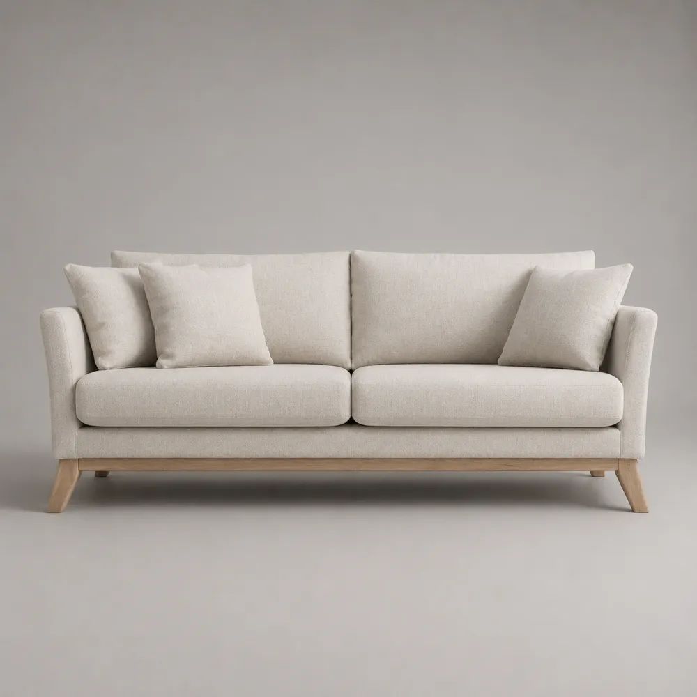 Canapé droit 3 places en polyester effet lin beige clair avec pieds en hêtre massif, 210 x 90 x 88 cm