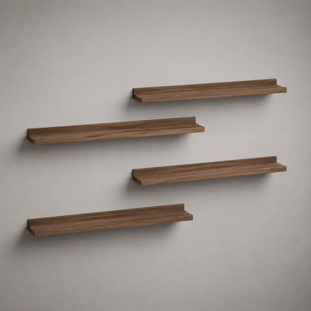Lot de 4 étagères murales flottantes en bois MDF mélaminé effet noyer, marron, 60 × 12 × 5 cm
